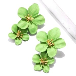 Green Double Flower Drop Earrings